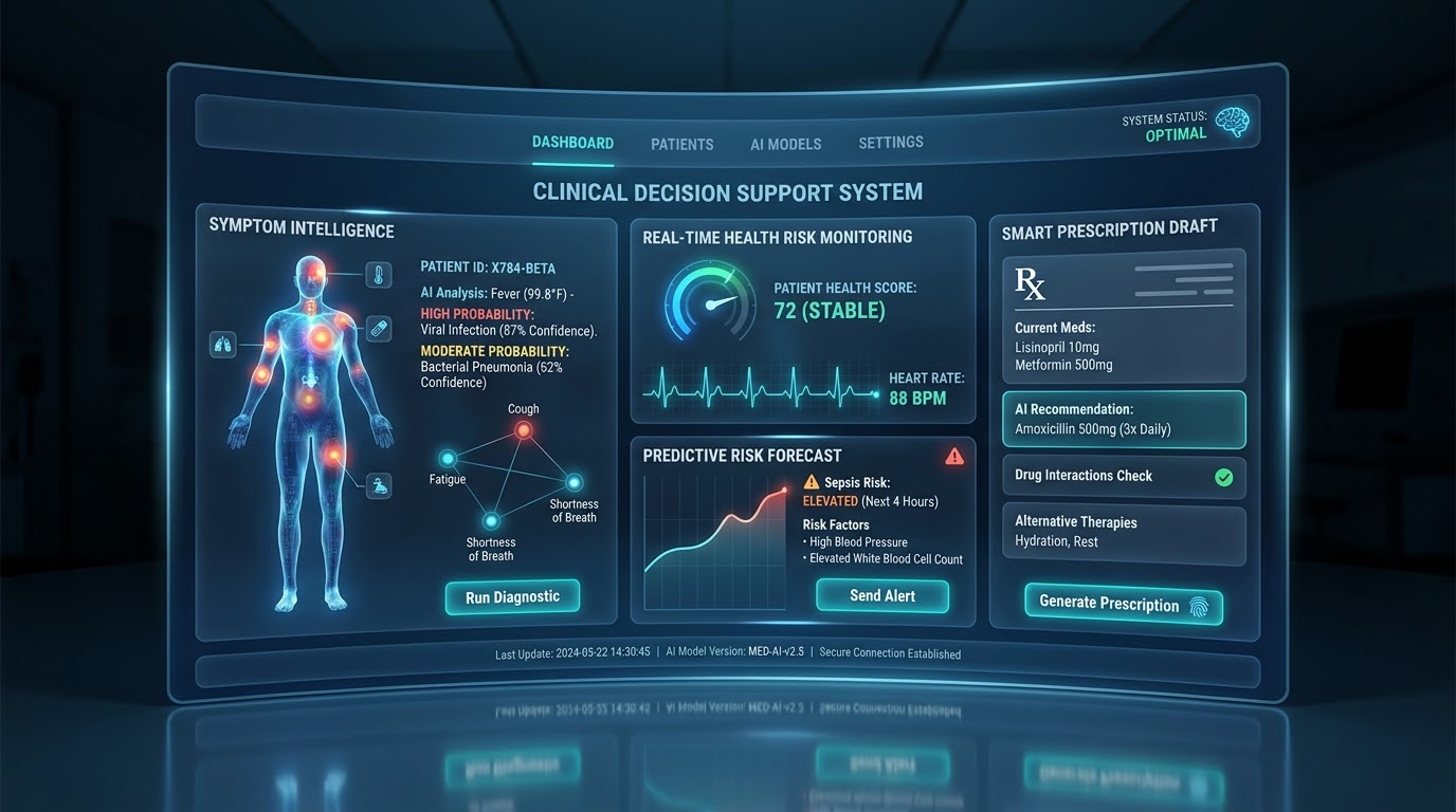 High-tech futuristic clinical dashboard displaying AI medical diagnostics