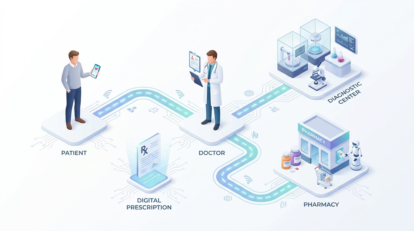Isometric representation of the Mamata Health Platform connecting multiple entities